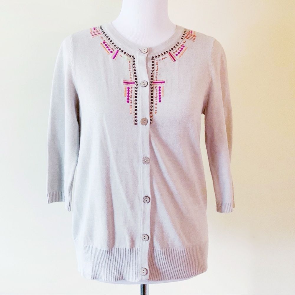 Breckenridge Cardigan Sweater Womens Size Small Tan Pink Orange Embellished